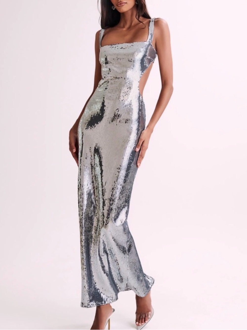 MESHKI Adoria
Sequin Cut Out Maxi Dress - Silver SIZE S